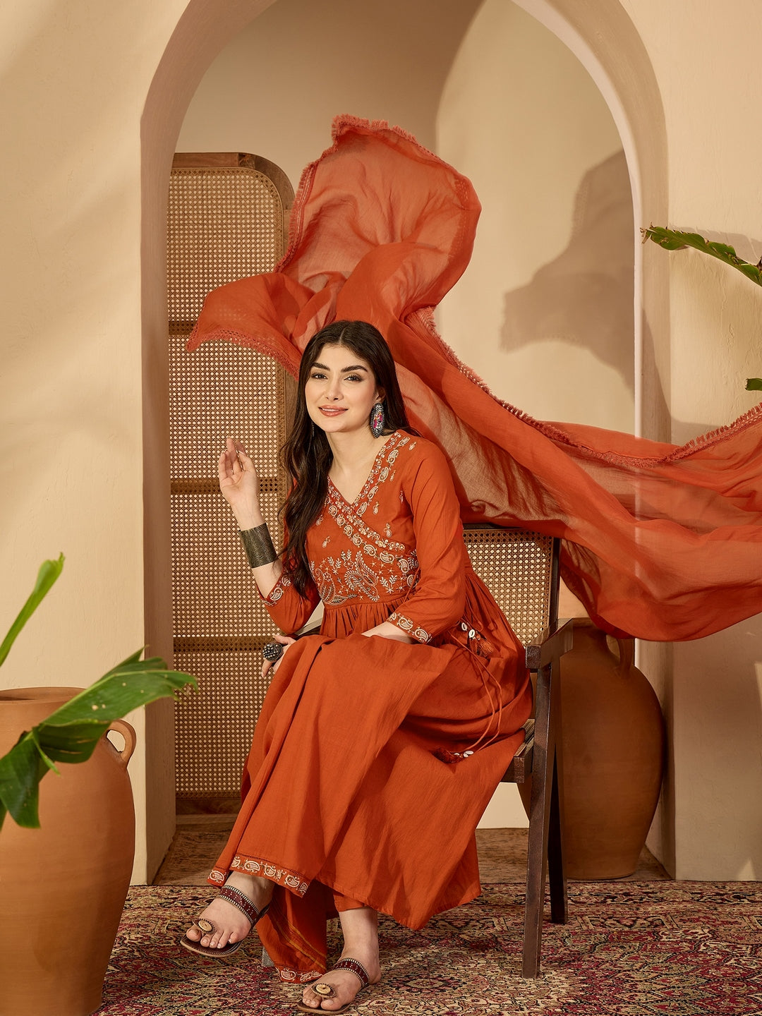 Cotton Calf Length Solid 3/4 Sleeve V-Neck Anarkali Kurta Suit Set With Dupatta