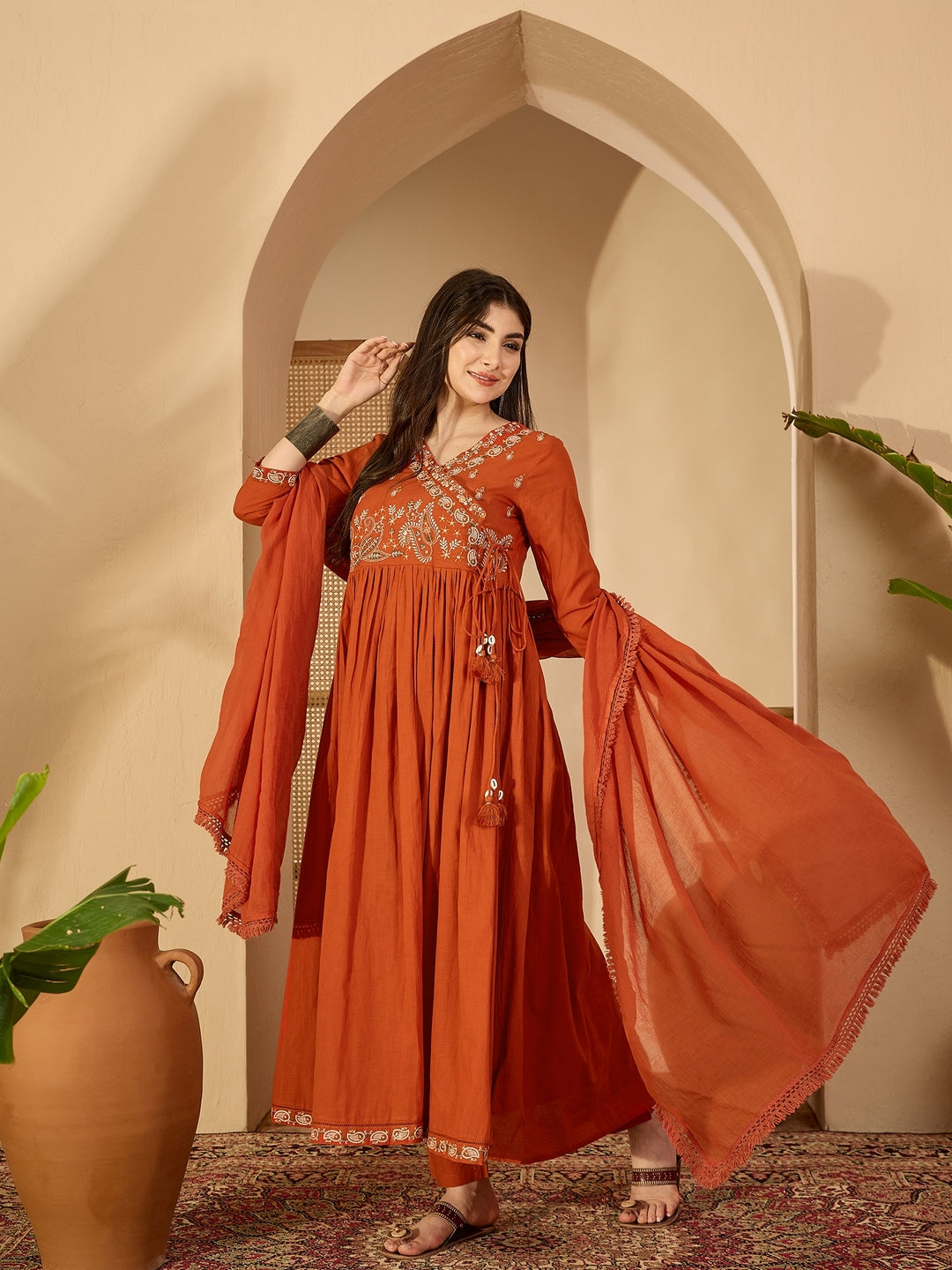 Cotton Calf Length Solid 3/4 Sleeve V-Neck Anarkali Kurta Suit Set With Dupatta (Preorder)