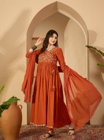 Cotton Calf Length Solid 3/4 Sleeve V-Neck Anarkali Kurta Suit Set With Dupatta (Preorder)