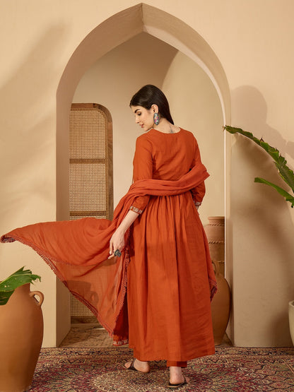 Cotton Calf Length Solid 3/4 Sleeve V-Neck Anarkali Kurta Suit Set With Dupatta