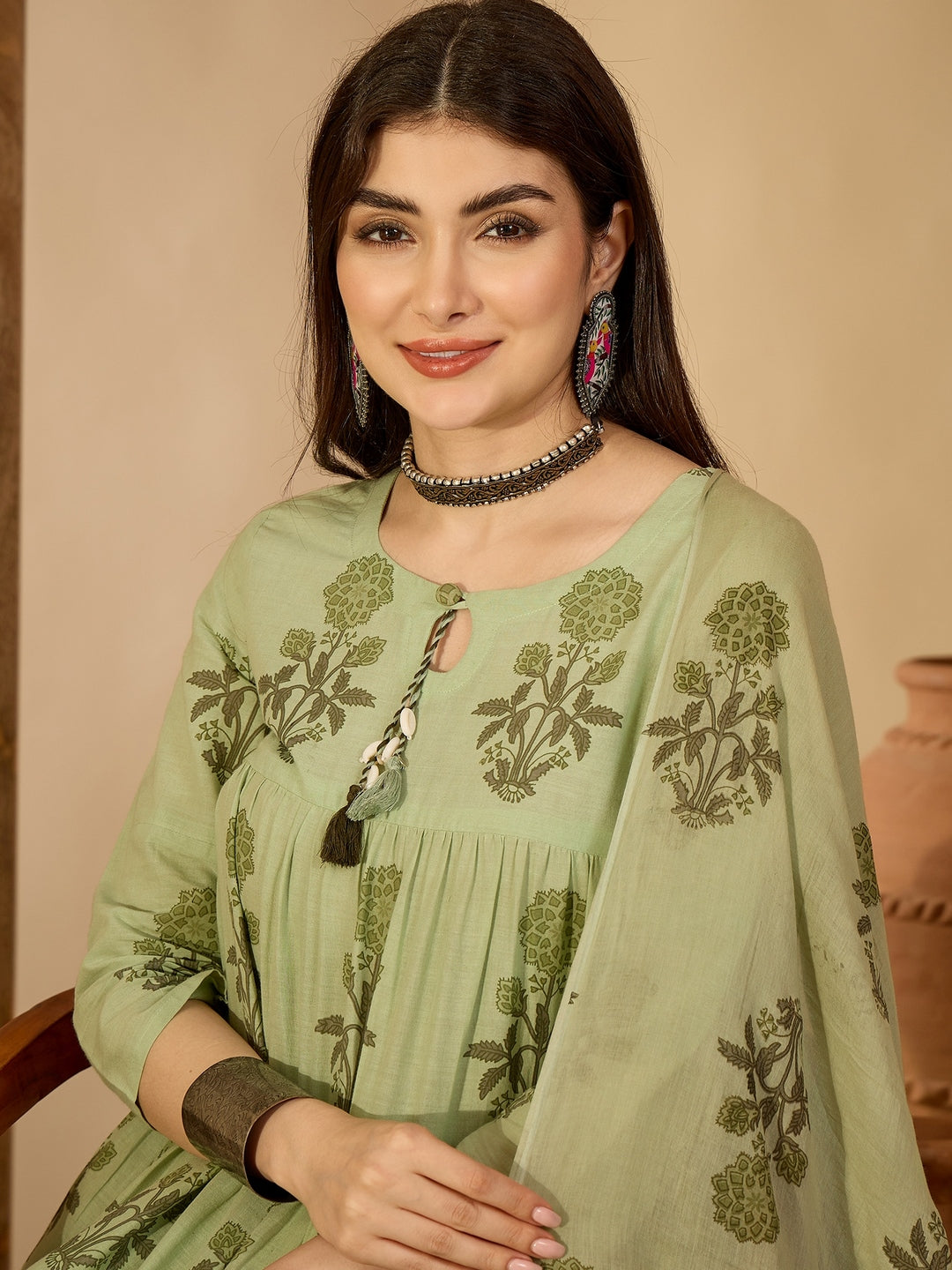 Cotton Calf Length Printed 3/4 Sleeve Key Hole Neck Anarkali Kurta Suit Set With Dupatta