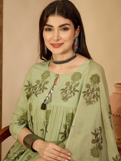 Cotton Calf Length Printed 3/4 Sleeve Key Hole Neck Anarkali Kurta Suit Set With Dupatta