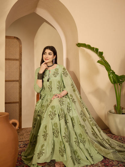 Cotton Calf Length Printed 3/4 Sleeve Key Hole Neck Anarkali Kurta Suit Set With Dupatta (Preorder)