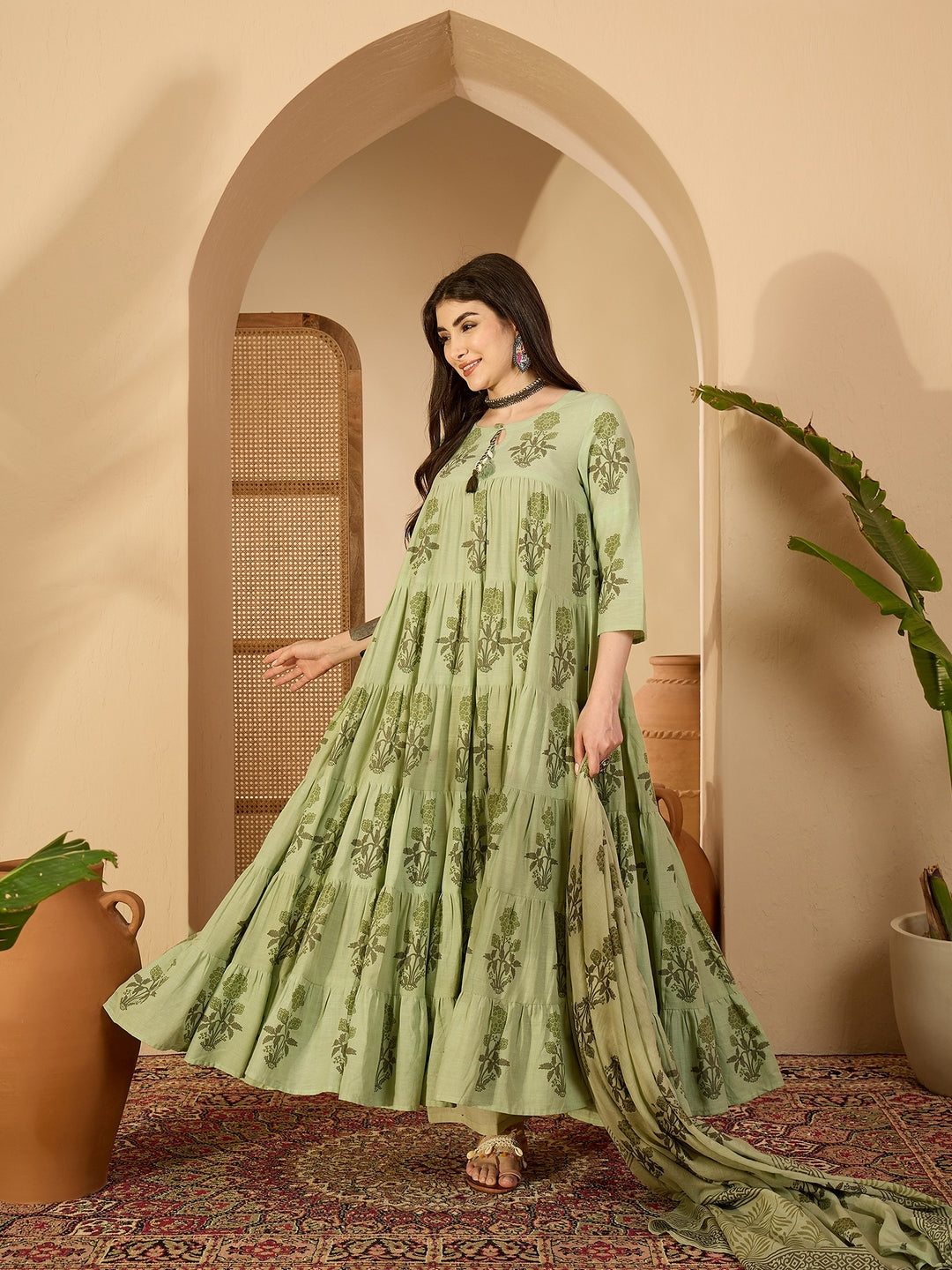 Cotton Calf Length Printed 3/4 Sleeve Key Hole Neck Anarkali Kurta Suit Set With Dupatta (Preorder)