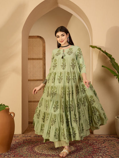 Cotton Calf Length Printed 3/4 Sleeve Key Hole Neck Anarkali Kurta Suit Set With Dupatta