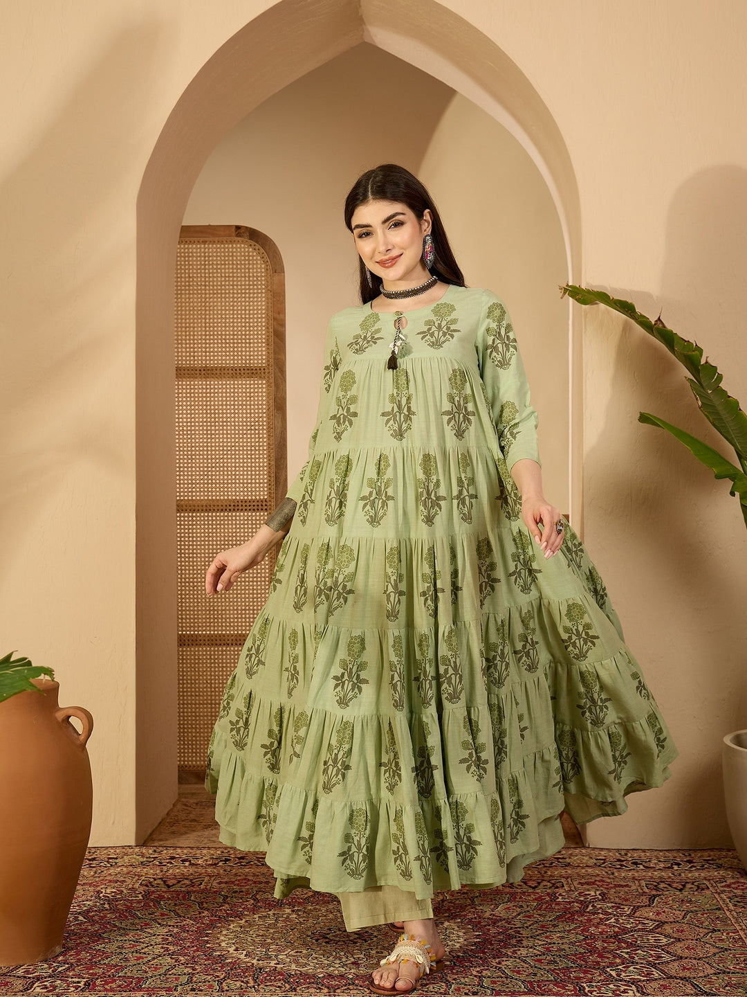 Cotton Calf Length Printed 3/4 Sleeve Key Hole Neck Anarkali Kurta Suit Set With Dupatta (Preorder)