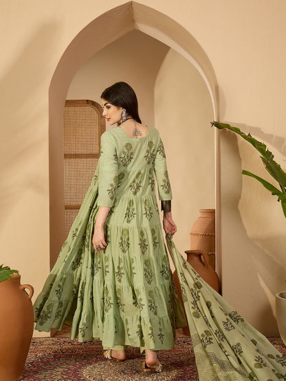 Cotton Calf Length Printed 3/4 Sleeve Key Hole Neck Anarkali Kurta Suit Set With Dupatta (Preorder)