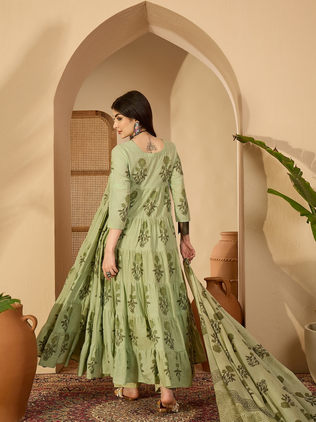 Cotton Calf Length Printed 3/4 Sleeve Key Hole Neck Anarkali Kurta Suit Set With Dupatta