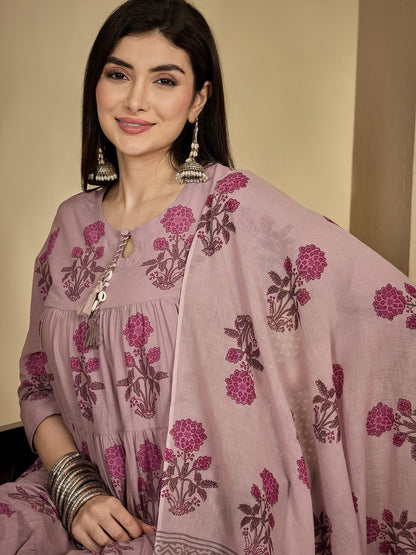 Cotton Ankle Length Printed 3/4 Sleeve Key Hole Neck Anarkali Kurta Suit Set With Dupatta