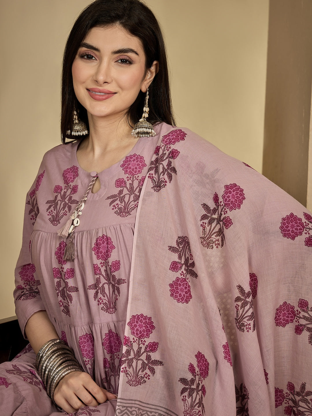 Cotton Ankle Length Printed 3/4 Sleeve Key Hole Neck Anarkali Kurta Suit Set With Dupatta (Preorder)