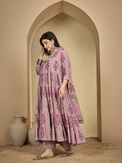 Cotton Ankle Length Printed 3/4 Sleeve Key Hole Neck Anarkali Kurta Suit Set With Dupatta (Preorder)