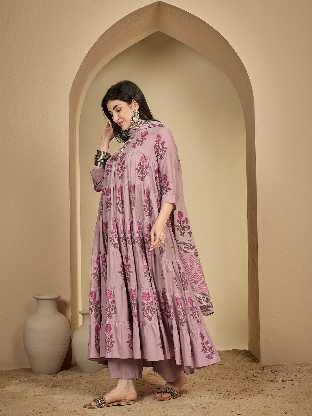 Cotton Ankle Length Printed 3/4 Sleeve Key Hole Neck Anarkali Kurta Suit Set With Dupatta