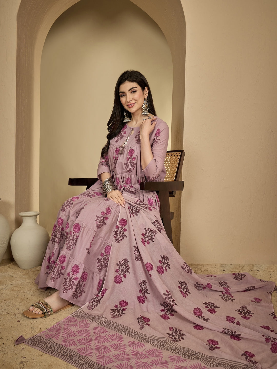 Cotton Ankle Length Printed 3/4 Sleeve Key Hole Neck Anarkali Kurta Suit Set With Dupatta