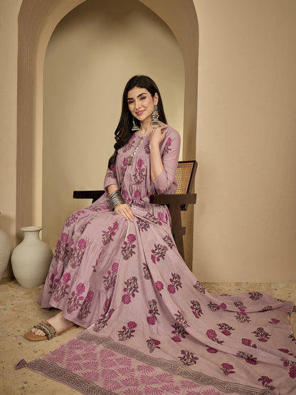 Cotton Ankle Length Printed 3/4 Sleeve Key Hole Neck Anarkali Kurta Suit Set With Dupatta (Preorder)