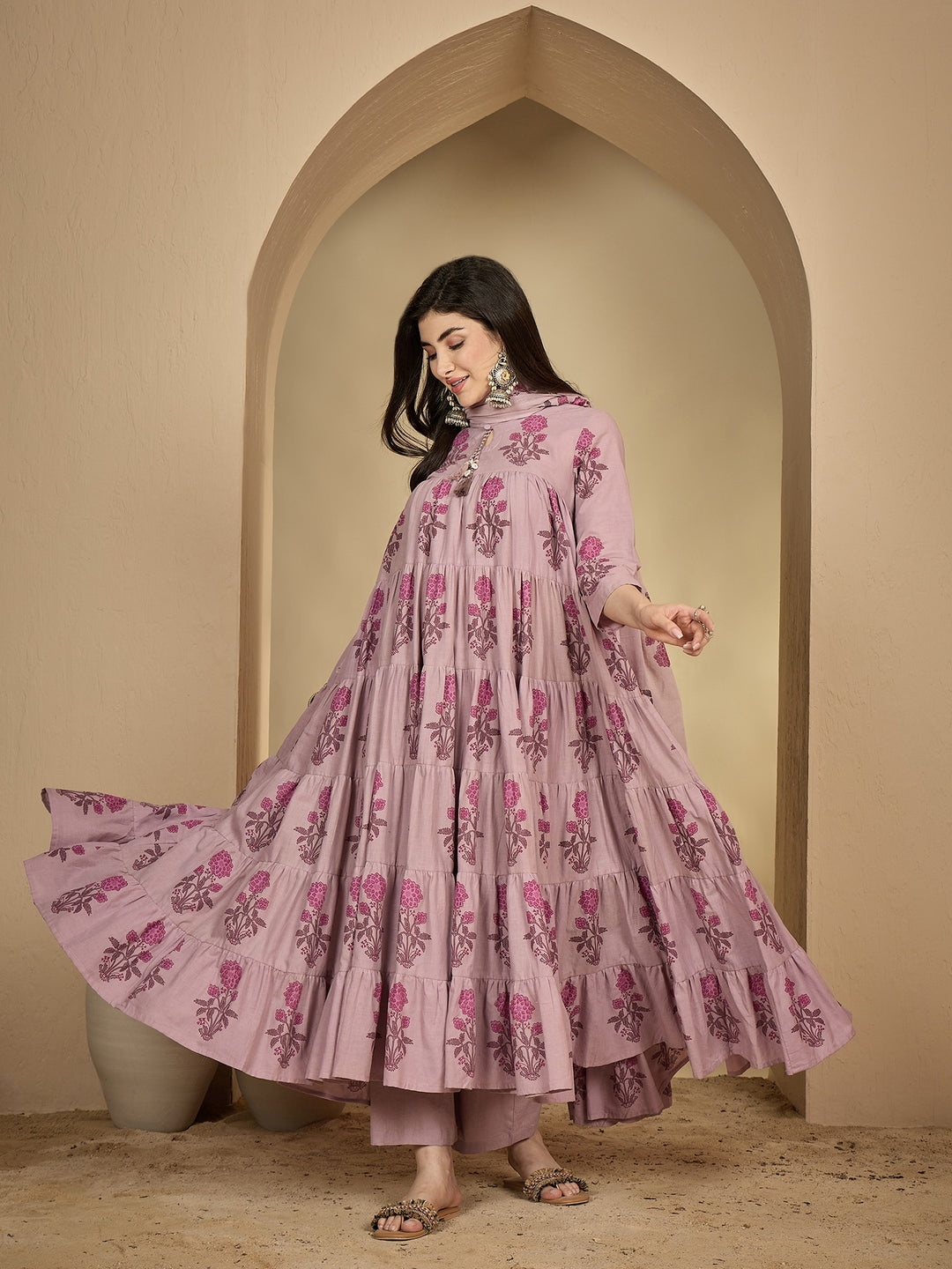 Cotton Ankle Length Printed 3/4 Sleeve Key Hole Neck Anarkali Kurta Suit Set With Dupatta (Preorder)