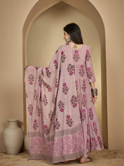 Cotton Ankle Length Printed 3/4 Sleeve Key Hole Neck Anarkali Kurta Suit Set With Dupatta