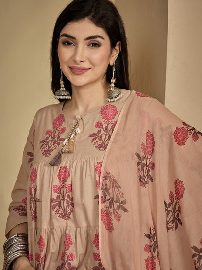 Cotton Ankle Length Printed 3/4 Sleeve Key Hole Neck Anarkali Kurta Suit Set With Dupatta (Preorder)