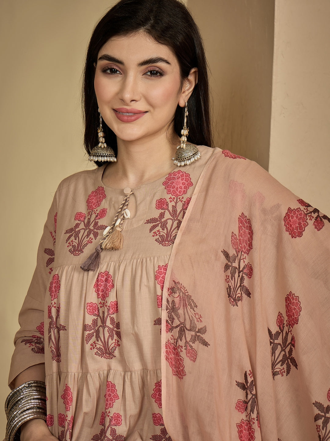 Cotton Ankle Length Printed 3/4 Sleeve Key Hole Neck Anarkali Kurta Suit Set With Dupatta