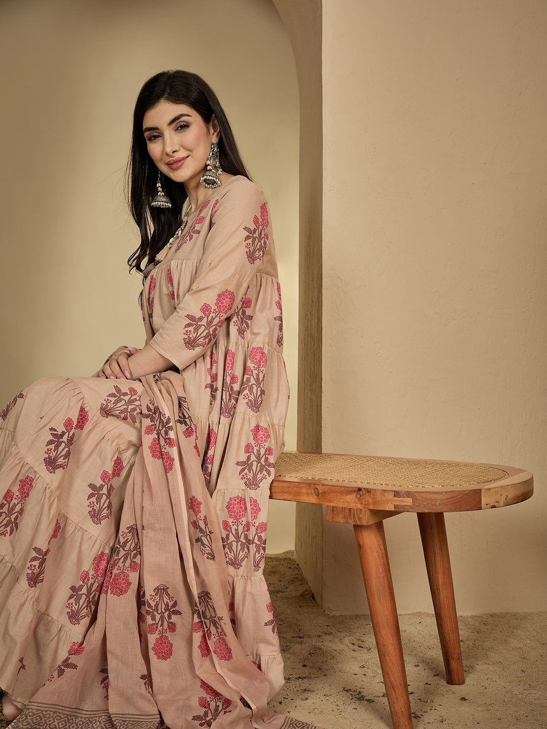 Cotton Ankle Length Printed 3/4 Sleeve Key Hole Neck Anarkali Kurta Suit Set With Dupatta (Preorder)