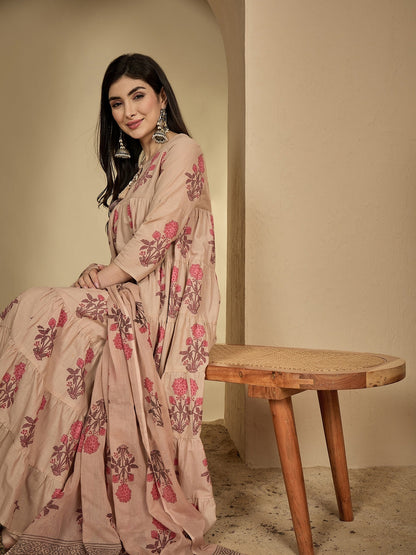 Cotton Ankle Length Printed 3/4 Sleeve Key Hole Neck Anarkali Kurta Suit Set With Dupatta (Preorder)