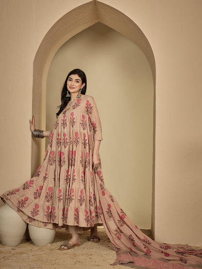 Cotton Ankle Length Printed 3/4 Sleeve Key Hole Neck Anarkali Kurta Suit Set With Dupatta (Preorder)