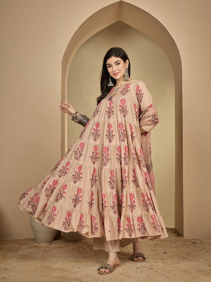 Cotton Ankle Length Printed 3/4 Sleeve Key Hole Neck Anarkali Kurta Suit Set With Dupatta (Preorder)
