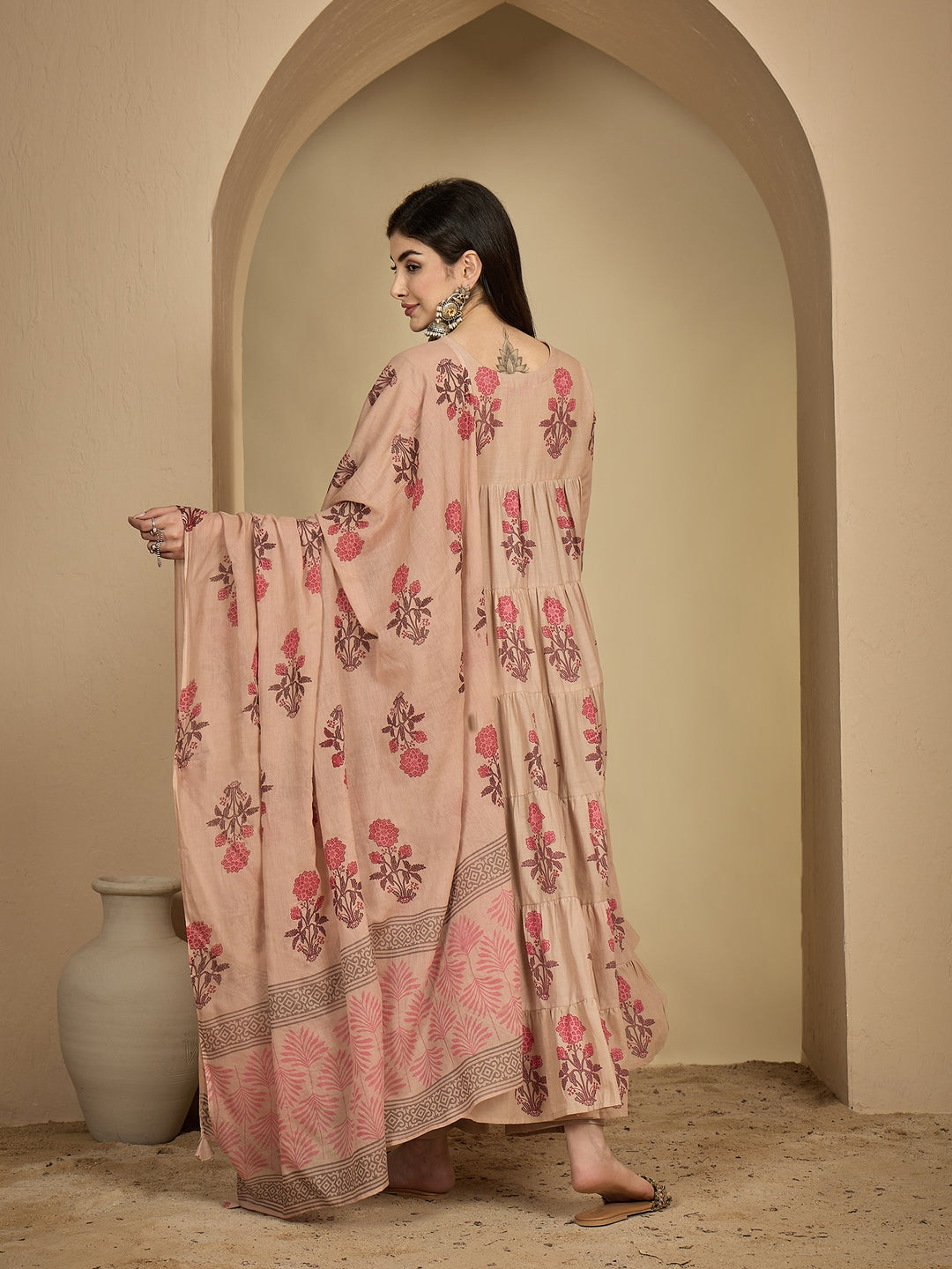 Cotton Ankle Length Printed 3/4 Sleeve Key Hole Neck Anarkali Kurta Suit Set With Dupatta