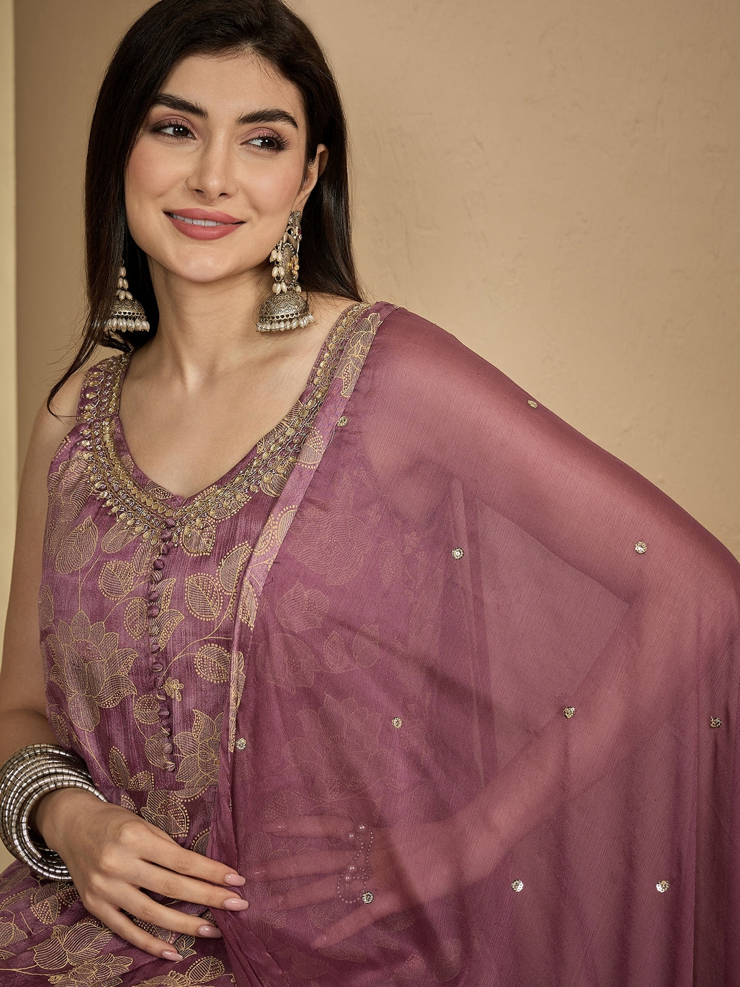 Rayon Ankle Length Printed Sleeveless V-Neck Anarkali Kurta Suit Set With Dupatta