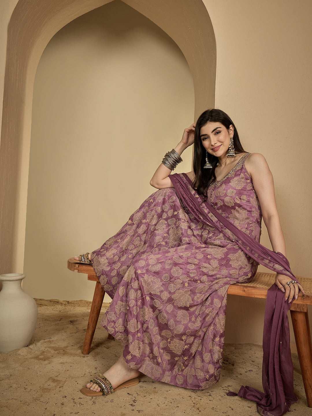 Rayon Ankle Length Printed Sleeveless V-Neck Anarkali Kurta Suit Set With Dupatta (Preorder)