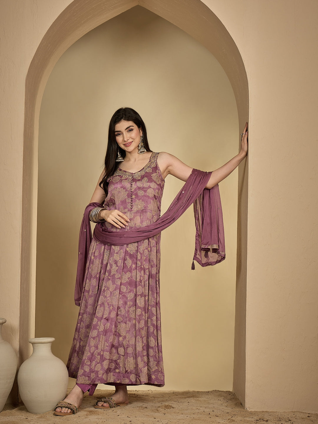 Rayon Ankle Length Printed Sleeveless V-Neck Anarkali Kurta Suit Set With Dupatta
