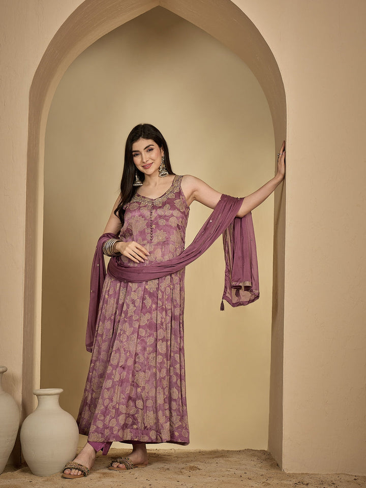 Rayon Ankle Length Printed Sleeveless V-Neck Anarkali Kurta Suit Set With Dupatta