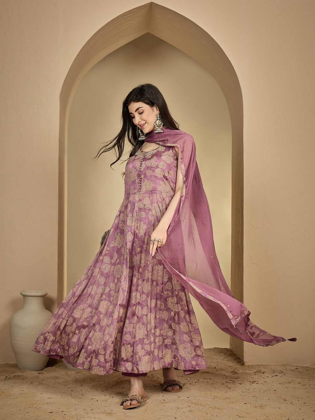 Rayon Ankle Length Printed Sleeveless V-Neck Anarkali Kurta Suit Set With Dupatta