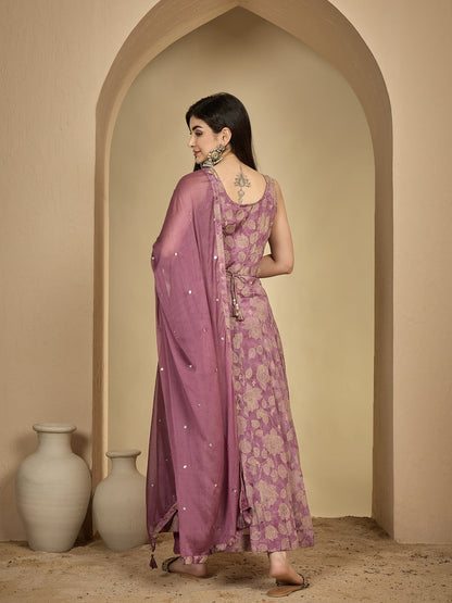 Rayon Ankle Length Printed Sleeveless V-Neck Anarkali Kurta Suit Set With Dupatta (Preorder)