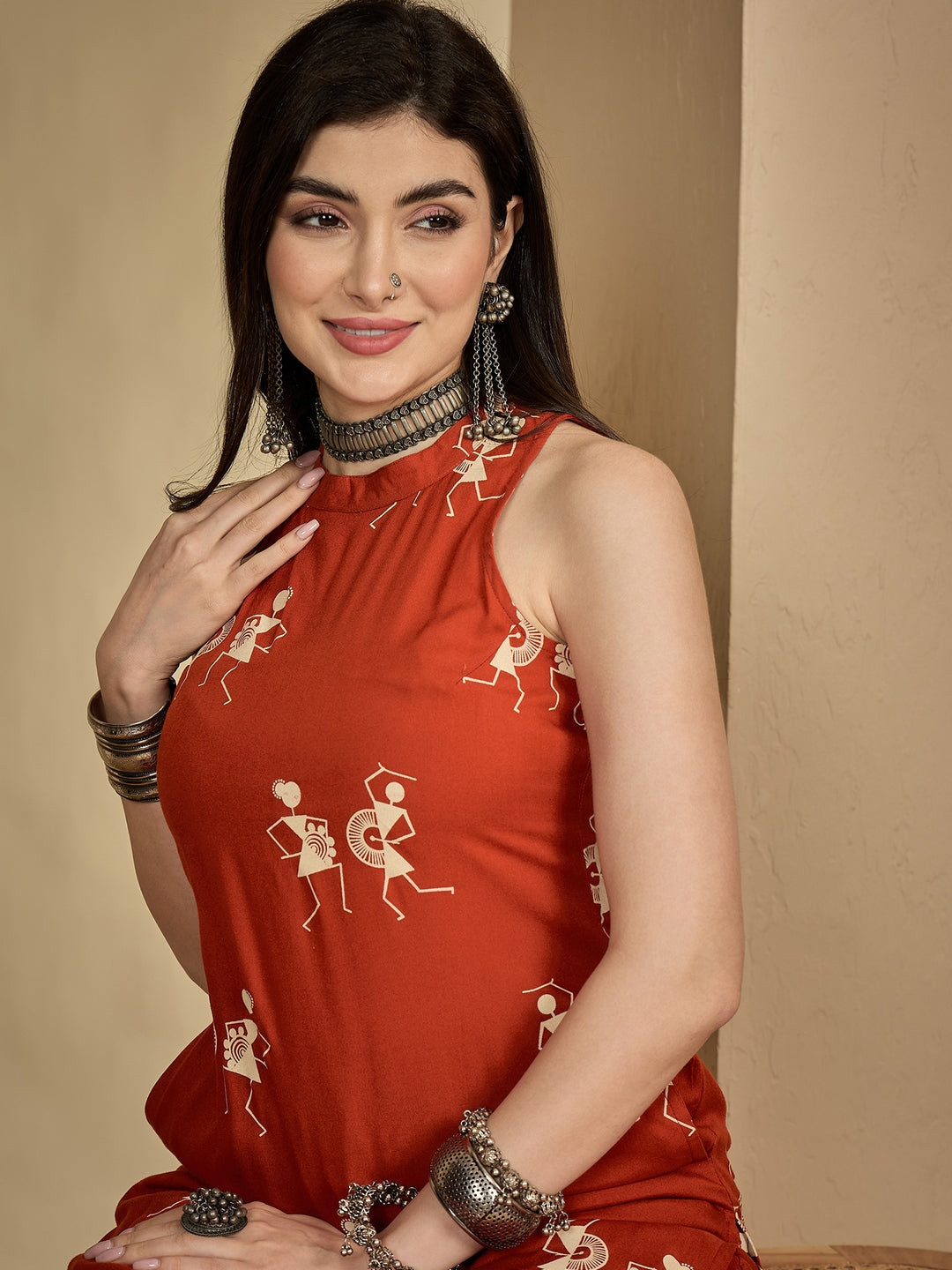 Rayon Calf Length Printed Sleeveless Round Neck A-Line Kurta Suit Set