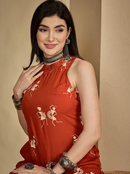 Rayon Calf Length Printed Sleeveless Round Neck A-Line Kurta Suit Set (Preorder)