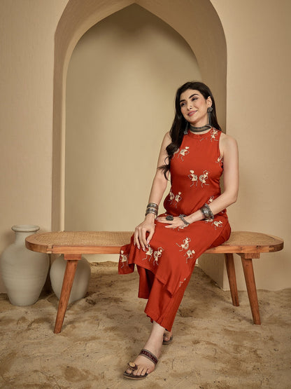 Rayon Calf Length Printed Sleeveless Round Neck A-Line Kurta Suit Set
