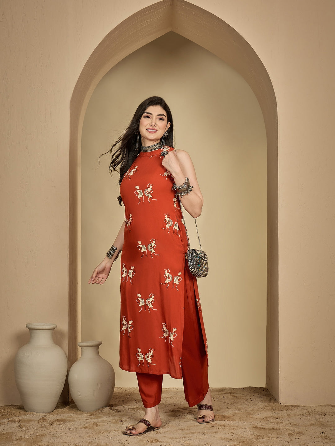 Rayon Calf Length Printed Sleeveless Round Neck A-Line Kurta Suit Set (Preorder)