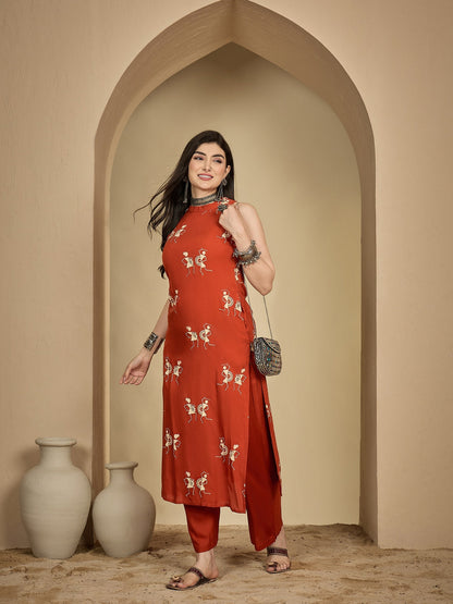 Rayon Calf Length Printed Sleeveless Round Neck A-Line Kurta Suit Set (Preorder)