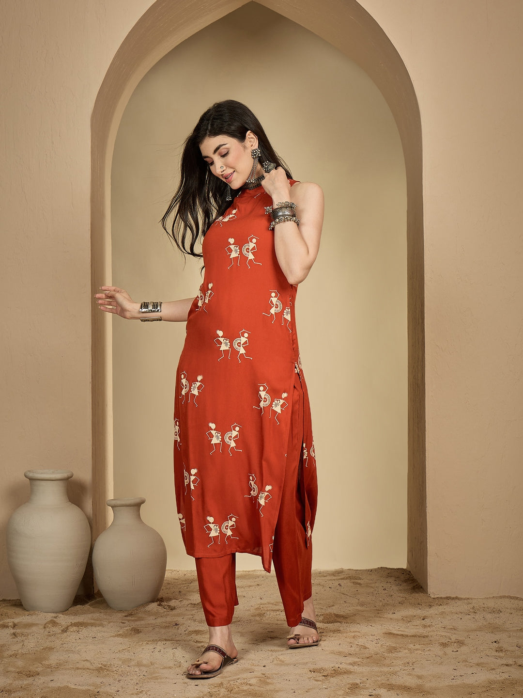 Rayon Calf Length Printed Sleeveless Round Neck A-Line Kurta Suit Set (Preorder)