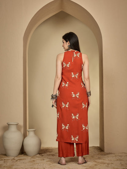 Rayon Calf Length Printed Sleeveless Round Neck A-Line Kurta Suit Set