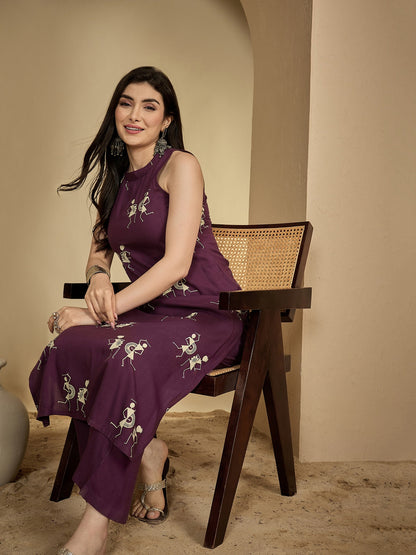 Rayon Calf Length Printed Sleeveless Round Neck A-Line Kurta Suit Set