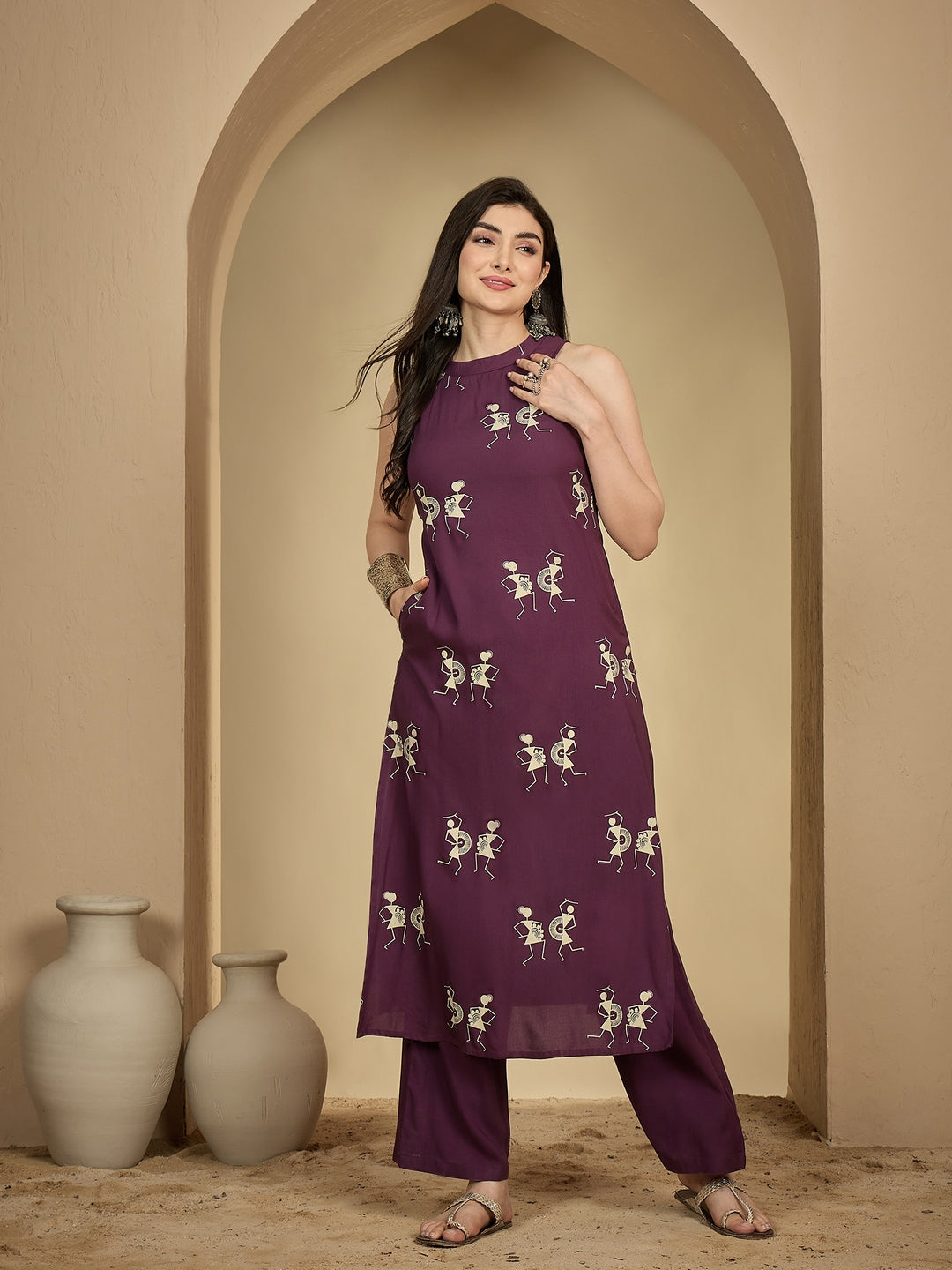 Rayon Calf Length Printed Sleeveless Round Neck A-Line Kurta Suit Set