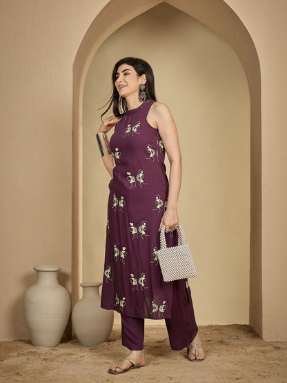 Rayon Calf Length Printed Sleeveless Round Neck A-Line Kurta Suit Set (Preorder)