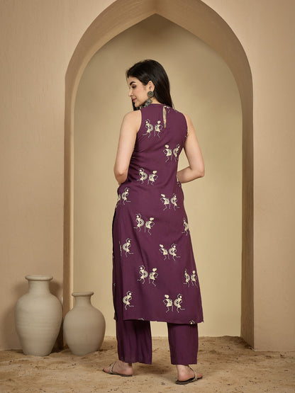 Rayon Calf Length Printed Sleeveless Round Neck A-Line Kurta Suit Set