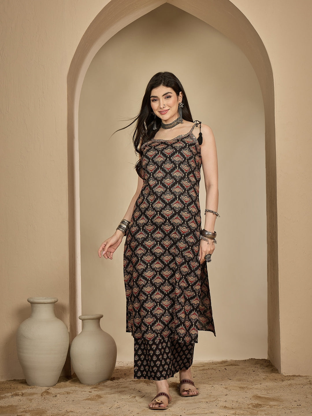 Rayon Calf Length Printed Strappy Sleeve Round Neck A-Line Kurta Suit Set (Preorder)