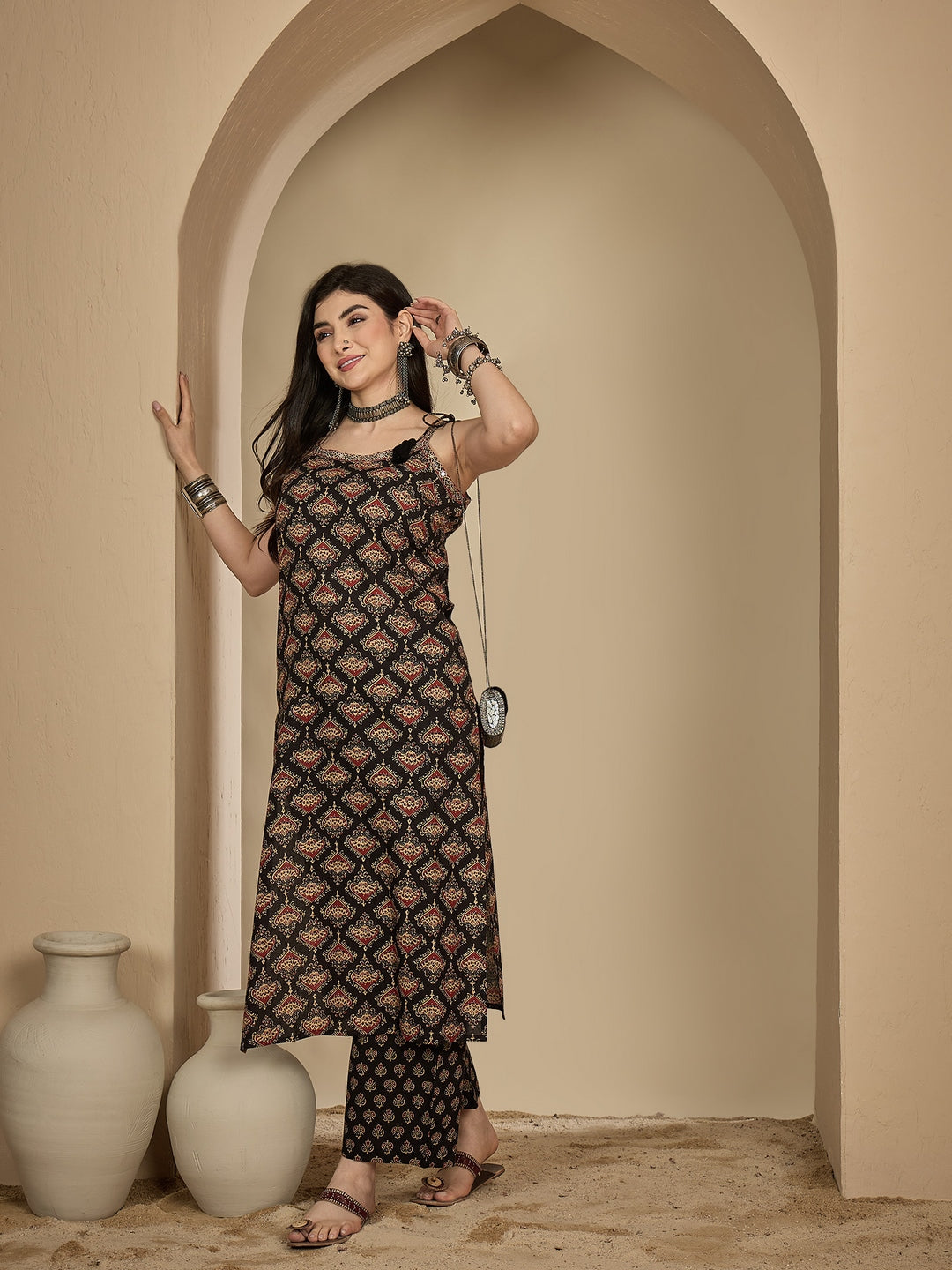 Rayon Calf Length Printed Strappy Sleeve Round Neck A-Line Kurta Suit Set