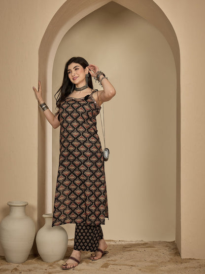 Rayon Calf Length Printed Strappy Sleeve Round Neck A-Line Kurta Suit Set