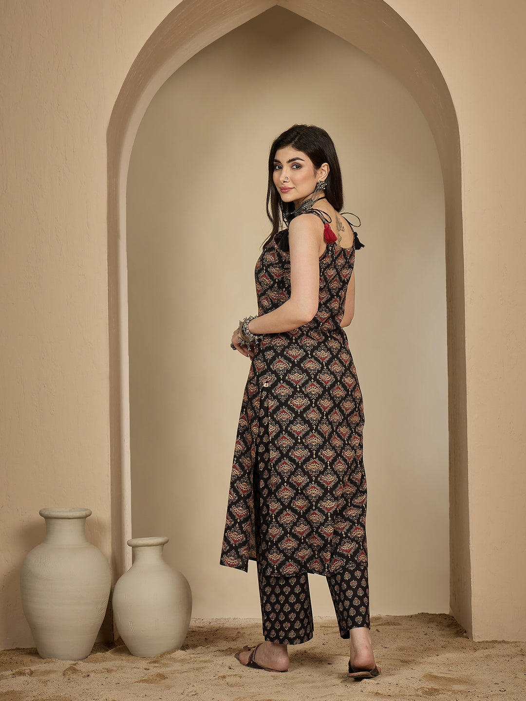 Rayon Calf Length Printed Strappy Sleeve Round Neck A-Line Kurta Suit Set (Preorder)