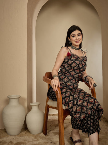 Rayon Calf Length Printed Strappy Sleeve Round Neck A-Line Kurta Suit Set