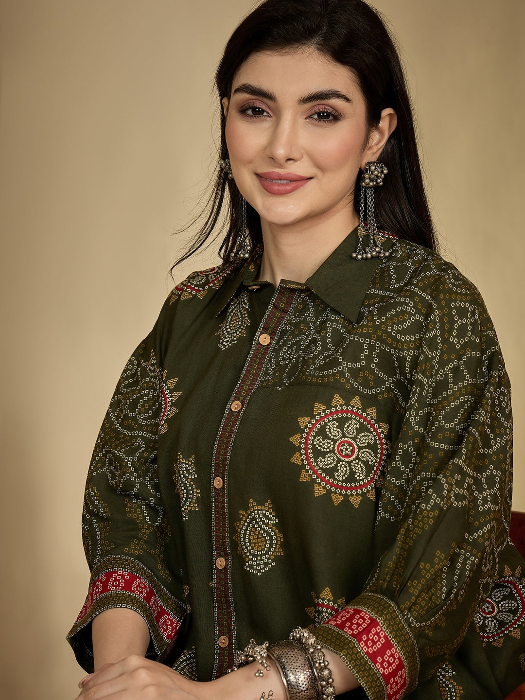 Rayon Hip Length Printed 3/4 Sleeve Shirt Collar Flared Top (Preorder)